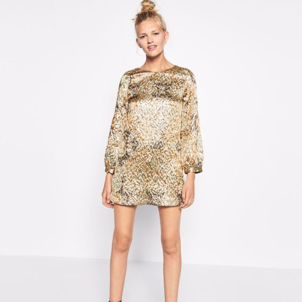 Zara Gold Shimmer Jacquard Dress Size XS
